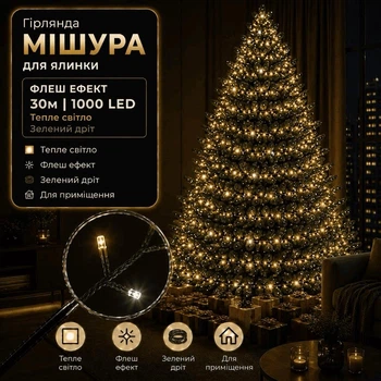 Светодиодная гирлянда Мишура с флеш-эффектом 30 м 1000 LED Теплый белый свет Зеленый провод