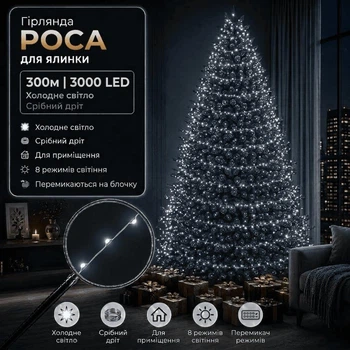 Светодиодная гирлянда Роса с блоком 300 м 3000 LED Холодный белый свет Серебристый провод