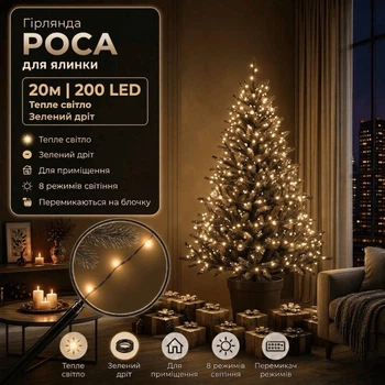 Светодиодная гирлянда Роса с блоком 20 м 200 LED Теплый белый свет Зеленый провод
