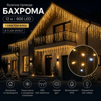 Светодиодная гирлянда уличная Бахрома с флеш-эффектом 12 м 600 LED Теплый белый свет Черный провод