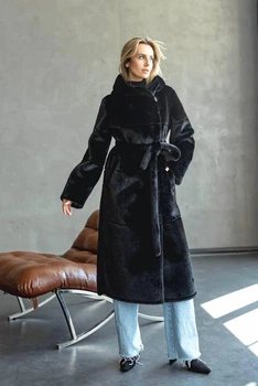 Зимняя дубленка женская двусторонняя большого размера UF-Fashion N99V 40 черный