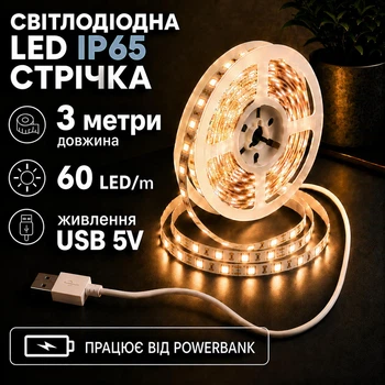 Светодиодная LED лента 3 метра IP65 с USB, белый теплый, влагозащита светильник для подсветки, питание от павербанка 5 вольт, 3000K