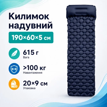Коврик туристический надувной с подушкой, матрас 190x60x5см, синий