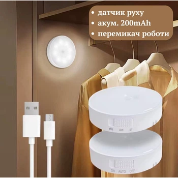 Умный фонарик ночник лампа светильник led с датчиком движения, магнит для крепления, аккумулятор 200mAh 5В Холодный белый
