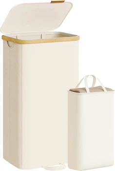 Корзина для белья с крышкой 100 л, SONGMICS LCB531WD01 контейнер для хранения, съемные вкладки, бамбуковая рама, Белый
