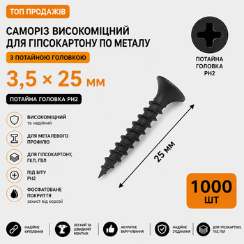 Саморіз високоміцний для гіпсокартону по металу 3,5×25 з потайною головкою Shenzhen шуруп фосфатований чорний (1000 шт)