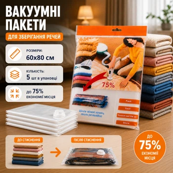 Комплект вакуумных пакетов с Zip-замком Zip 5 шт для одежды вещей багажа, с клапаном мешок вакуумный для хранения, 60х80 см