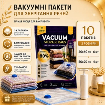 Вакуумные пакеты 10шт 1 ручной насос для одежды вещей багажа, с зип-замком мешки вакуумные для хранения с насосом прозрачные