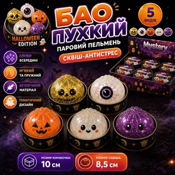 Сквиш пельмень Бао Halloween 8,5 см с блестками в коробочц Сквиш Хэллоуин 1 шт рандомный цвет