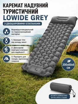 Туристический надувной каремат Lowide Grey самонадувной компактный водостойкий теплый матрас для похода кемпинга и отдыха