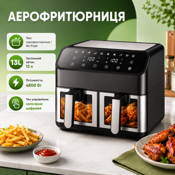 Аэрофритюрница Domotec MS-3226 4800 Вт 13 л с двумя отсеками сенсорным дисплеем Air Fryer Мультипечь без масла Двойной аэрогриль для семьи