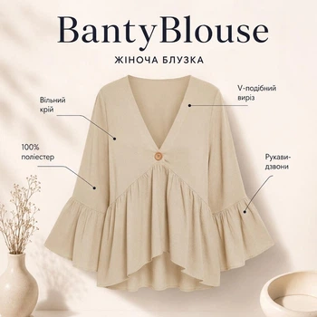 Жіноча блузка А-силуету з рукавами-дзвонами BantyBlouse, бежева, розмір M-L
