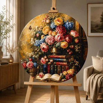 Кругла картина за номерами Ø50 см Квіти. Книжкова полиця з трояндами © Оригамі OR 2031