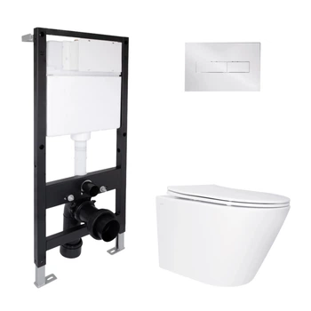 Готовое решение Qtap для ванной комнаты: подвесной унитаз Swan Ultra Quiet 520x360x320 + комплект инсталляции Standard (линейная кнопка Chrome)