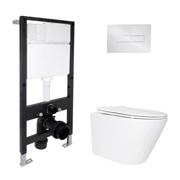 Готовое решение Qtap для ванной комнаты: подвесной унитаз Swan Ultra Quiet 485x360x320 + комплект инсталляции Standard (линейная кнопка Chrome)