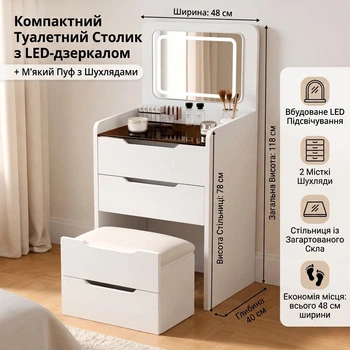 Компактный туалетный столик с LED-зеркалом и пуфом 40х48х118 см