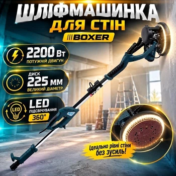 Шлифовальная машина для стен BOXER BX-700 1700 об/мин Диаметр диска 225 мм Мощность 2200 LED подсветка 360°