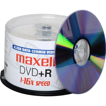 Диски Maxell DVD+R, записываемые диски, чистые диски, скорость 16x, 4,7 ГБ, серия Audio-Video, оптовая упаковка из 50 штук.