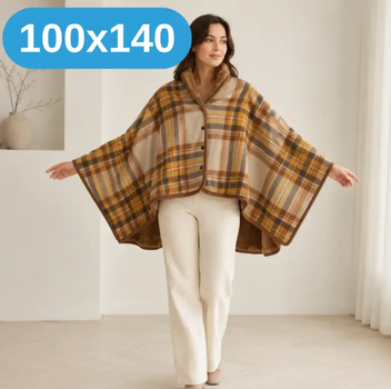 Плед-халат-шаль 100×140 см One size - теплая нежная накидка-плед в коричневую клетку на кнопках, двухсторонняя для дома KT9000903