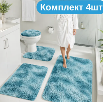 Зручний набір пухнастих килимків для ванної 4 шт, м'які нековзкі килимки бірюзового відтінку KT9000503