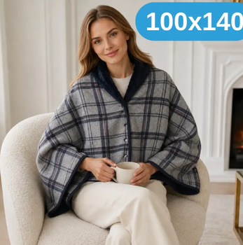 Универсальный плед-халат-шаль 100×140 см One size - теплая нежная двусторонняя накидка- в серо-синюю клетку на кнопках KT9000909