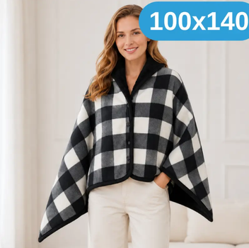 Универсальный плед-халат-шаль 100×140 см One size - теплая нежная двусторонняя накидка в черно-белую клетку на кнопках KT9000907