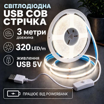 Світлодіодна LED COB стрічка 3 метри із кнопкою USB 5V, білий нейтральний, світильник для підсвічування кухні шаф, 4000K