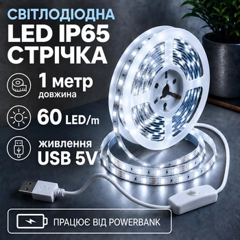 Світлодіодна LED стрічка IP65 1 метр із кнопкою USB 5V, білий холодний, вологозахист силікон світильник для підсвічування кухні шаф, 6000K