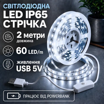 Светодиодная LED лента IP65 2 метра с кнопкой USB 5V, белый холодный, влагозащита силикон светильник для подсветки кухни шкафов, 6000K