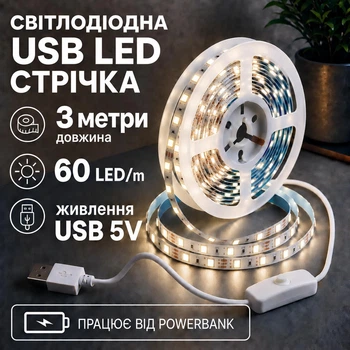 Светодиодная LED лента 3 метра с кнопкой USB 5V, белый нейтральный, светильник для подсветки кухни шкаф, питание от PowerBank 5 вольт, 4000K