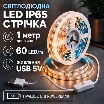 Світлодіодна LED стрічка IP65 1 метр із кнопкою USB 5V, білий теплий, вологозахист силікон світильник для підсвічування кухні шаф, 3000K