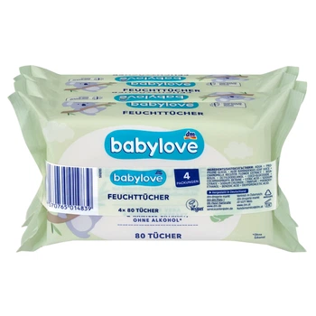 Вологі серветки Babylove з алое вера та екстрактом ромашки, 4×80 шт