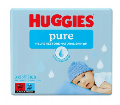 Серветки вологі Huggies Pure дитячі, для новонароджених, 3 х 56 шт | 168 шт