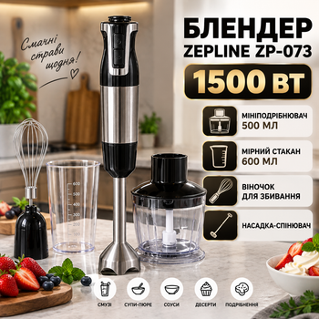 Блендер ручний Zepline ZP-073 1500 Вт занурювальний кухонний подрібнювач 500 мл 20 швидкостей Turbo віночок спінювач стакан 600 мл нержавіюча сталь механічне керування для коктейлів кремів десертів соусів