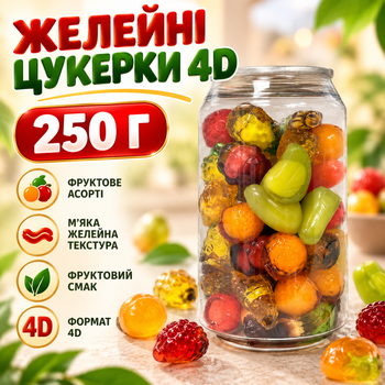 Желейные конфеты 4D 250 г жевательные сладости фруктовое ассорти мармелад желейки мягкие лакомства с фруктовым вкусом для детей взрослых перекуса праздника десерта угощения гостей