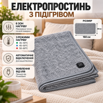 Электропростынь от повербанка 160х80 см EcoLife коврик с подогревом электропростыня Серый