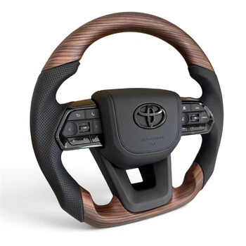 Анатомический руль для Toyota Land Cruiser 200, Prado 150. С подогревом. Коричневое дерево. Подушка из кожи – черный логотип.