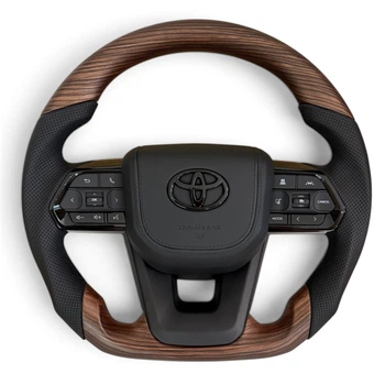 Анатомічне кермо для Toyota Land Cruiser 200, Prado 150. З підігрівом. Коричневе дерево. Подушка зі шкіри - чорний логотип. В зборі.