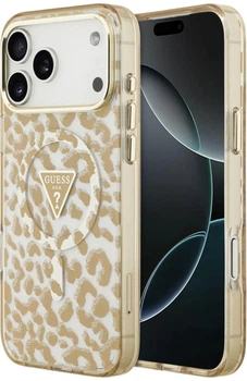 Etui Guess IML Leopard Glitter Triangle Logo MagSafe do iPhone 18 Pro / 17 Pro brązowe (GUE005630)