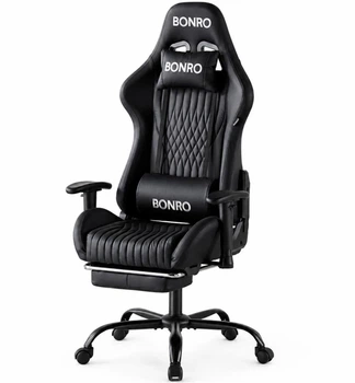 Кресло геймерское Bonro 1002G-1 черное из экокожи с выдвижной подставкой для ног и подушками (125-76-42401214)