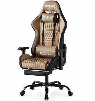 Кресло геймерское Bonro 1002G-1 коричневое из экокожи с выдвижной подставкой для ног и подушками (125-76-42401211)