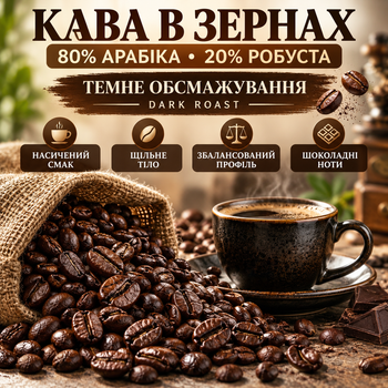 Кава в зернах 1,01 кг 80% арабіка 20% робуста темного обсмажування Dark Roast зернова кава насиченого збалансованого смаку з шоколадними нотами щільним тілом для кавомашини турки френч преса
