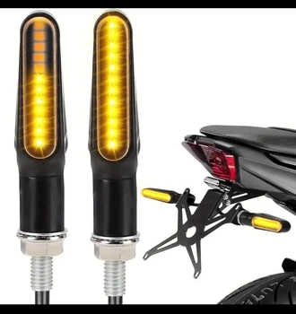 Универсальные гибкие динамические яркие LED поворотники на мотоцикл 9.2х2.4 см (бегающий желтый сигнал 12V, 12 LED), водонепроницаемые, черный корпус М10 — легкая установка, 1 уп. (2 шт.)