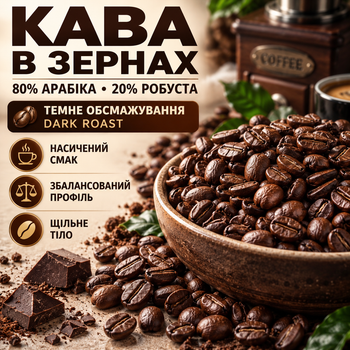 Темнообсмажена кава в зернах 1,01 кг Dark Roast 80% арабіка 20% робуста насичена зернова суміш з шоколадними нотками збалансованим смаком щільним тілом для турки френч преса кавомашини