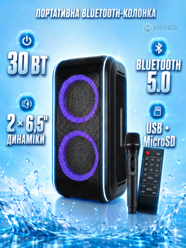 Портативная Bluetooth колонка 30 Вт с 2 динамиками 6,5”, беспроводным микрофоном, RGB-подсветкой, TWS, USB, MicroSD, FM и пультом для караоке и вечеринок
