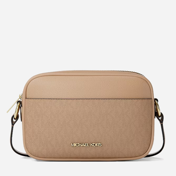 Сумка кросс-боди через плечо женская маленькая Michael Kors Jet Set Small Signature Logo Camera Crossbody Бежевя (199125135909)