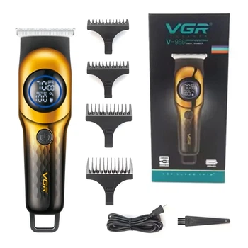 Триммер VGR V-966 GOLD профессиональный аккумуляторный, 5 Вт, до 7000 об/мин, LCD-дисплей, 4 насадки — беспроводная машинка для стрижки волос, бороды и усов, золотой (Е3050)