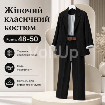 Женский Черный костюм на подкладке из костюмной ткани люкс пиджак и брюки, размер 48-50