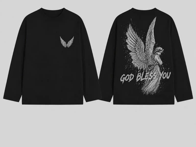 Женский Лонгслив Черный С Принтом Ангела God Bless You. Oversize (403998)