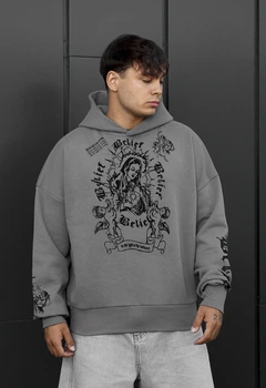 Худи мужское стаф серое оверсайз на флисе с надписью belief Staff gray belief oversize fleece XS (404173)